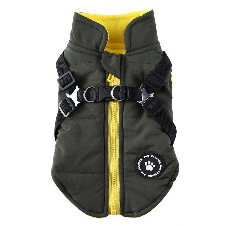 Cozy padded jacket with adjustable chest strap for pets, available in various colors and sizes.