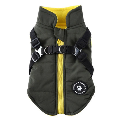 Cozy padded jacket with adjustable chest strap for pets, available in various colors and sizes.