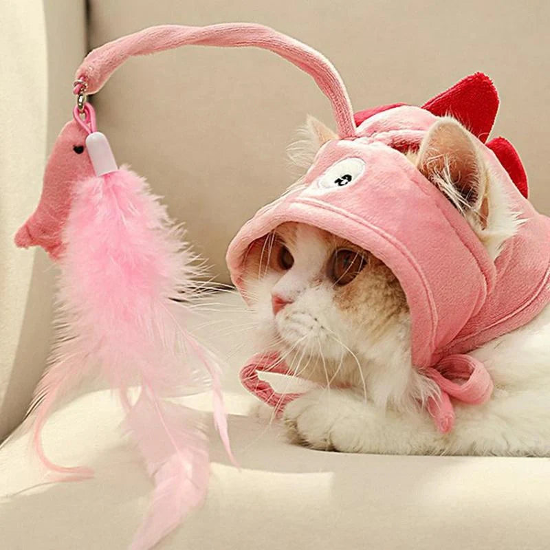 Adjustable head-wearing feather cat toy stick in various colors for indoor play