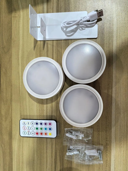 Black magnetic LED painting lamp with remote control on a white wall.