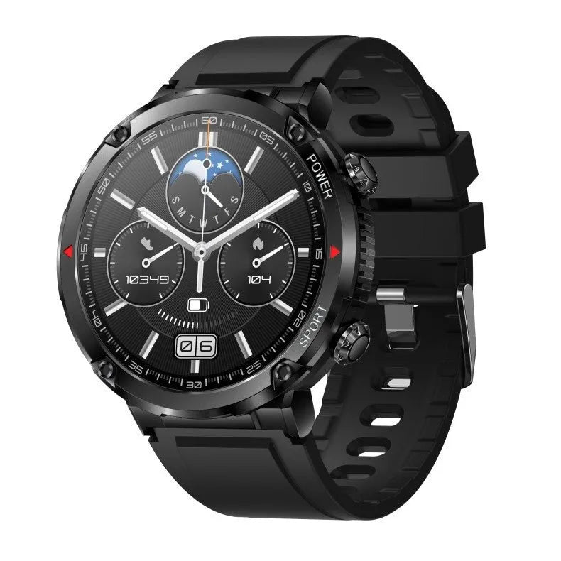 T30 Smart Watch with black silicone strap on wrist, showing IPS touchscreen displaying time and health metrics