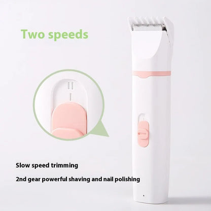 Pet shaver electric clipper suit with ABS body and white porcelain blade, shown in grey, pink, or blue set options.