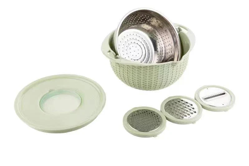 Versatile 4-in-1 Fruit and Veggie Prep Station with Rotating Colander, Slicing Blades, and Stylish Nordic-Inspired Colors