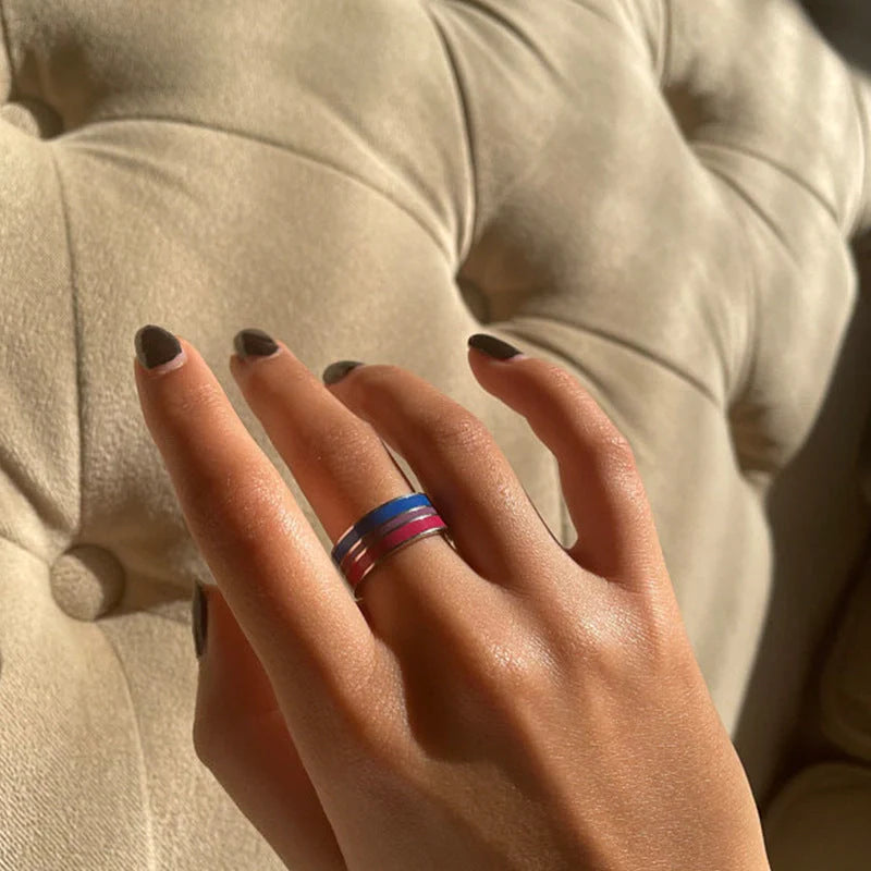 Stylish bisexual pride stainless steel ring with modern geometric design