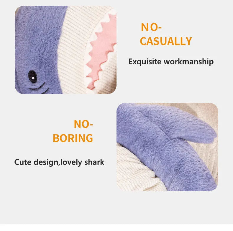 Blue shark pattern pet bed for dogs with soft velvet fabric and anti-slip base.