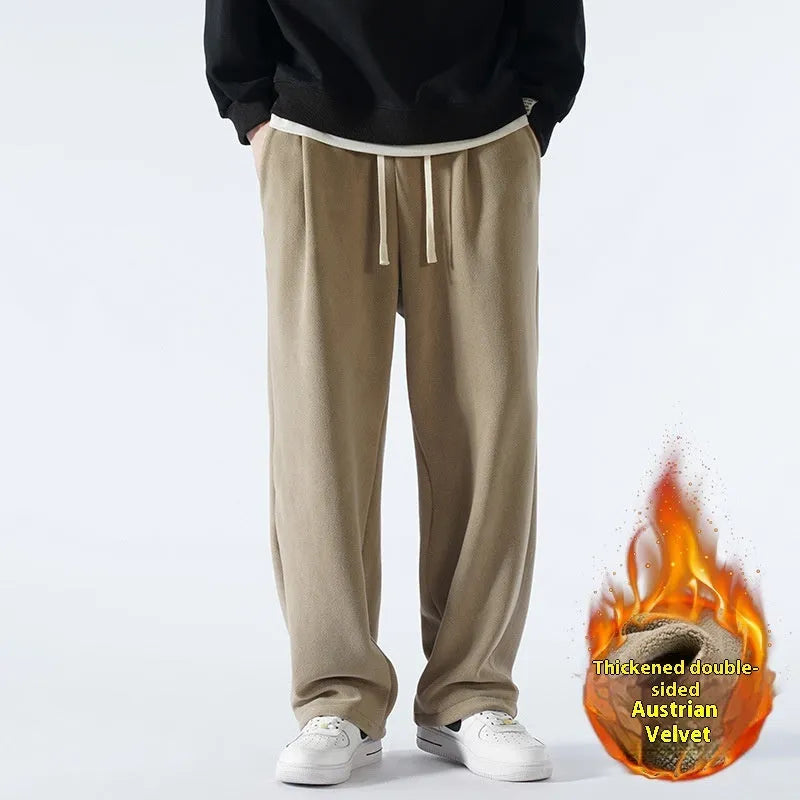 Men's double-sided polar fleece-lined trousers in apricot, black, or dark grey with elastic waist and loose fit for winter.