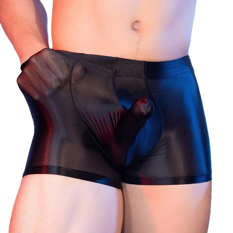 Men's red animal print seamless nylon boxer shorts laid flat, showing mid-waist band and seamless construction.