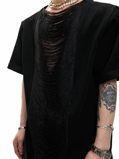 Men's loose fit black t-shirt with a hollow-out V-neck collar and tassel detail on short sleeves.