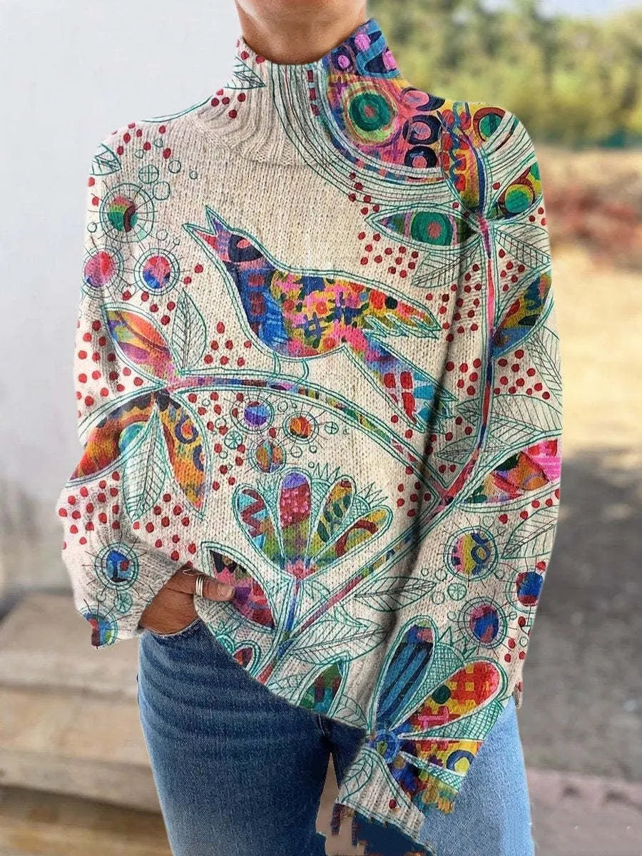 3D floral high neck long sleeve pullover sweater in wool woven fabric and polyester, sizes XXS to XXXL