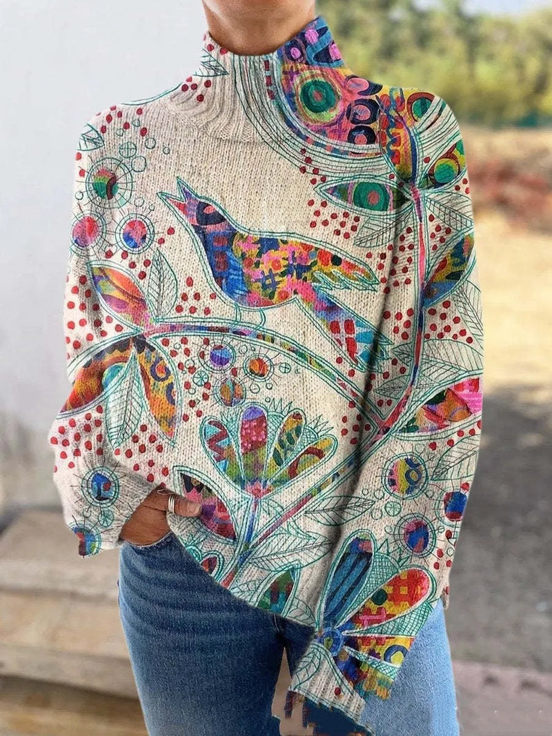 3D Floral Pattern High Neck Long Sleeve Pullover Sweater Wool Woven Fabric Polyester Japanese Korean Casual Style XXS to XXXL