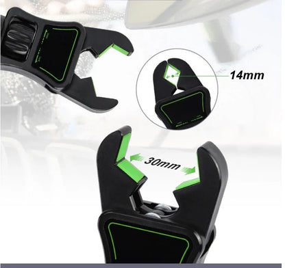 Black and green car phone holder mounted on rear view mirror bracket with AR navigation pillow design