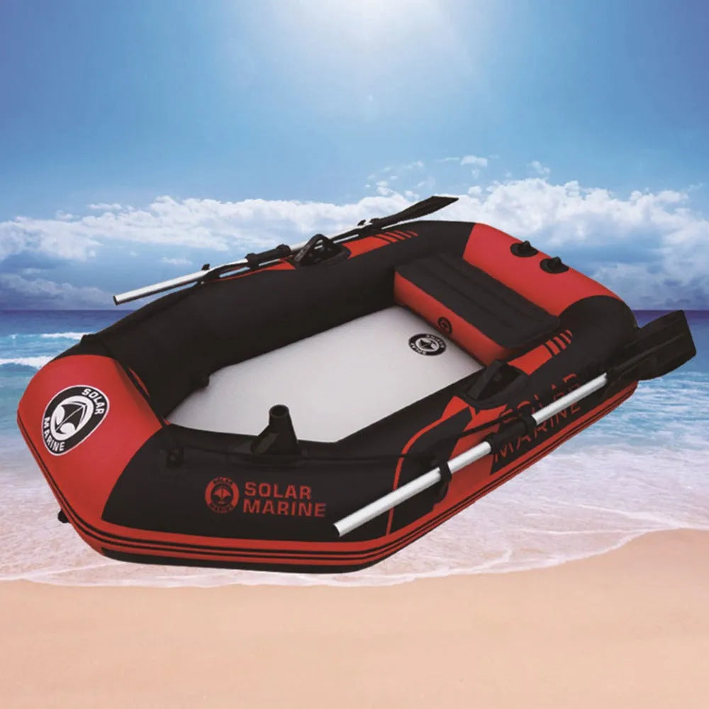 Inflatable kayak with 0.9mm environmental protection PVC hull, hard bottom, and foot pump, 4-person capacity.