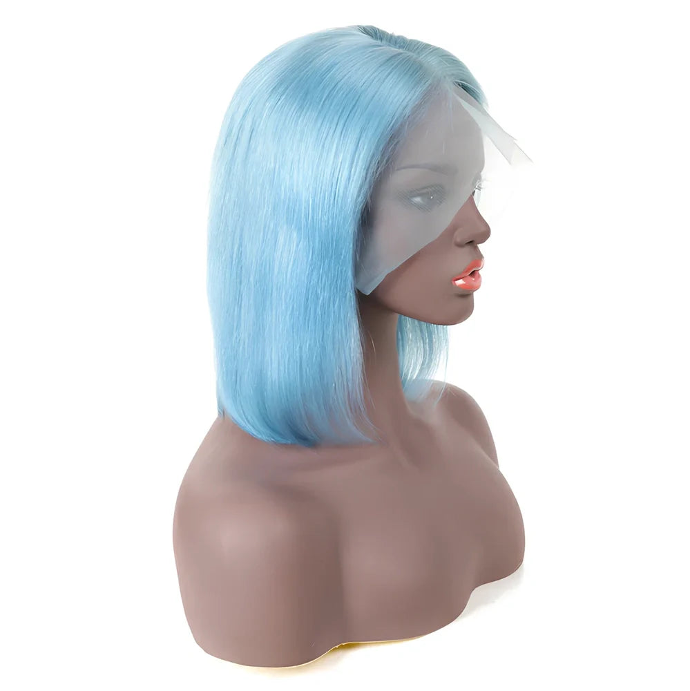 Human hair bob wig in green colour with straight bangs and 12-inch length