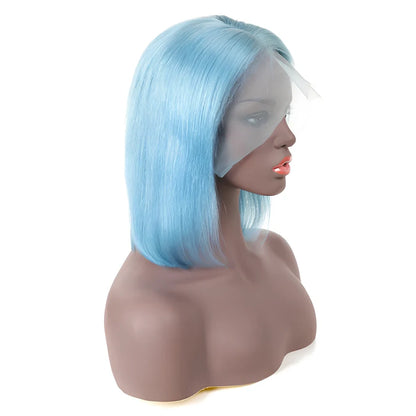 Human hair bob wig in green colour with straight bangs and 12-inch length