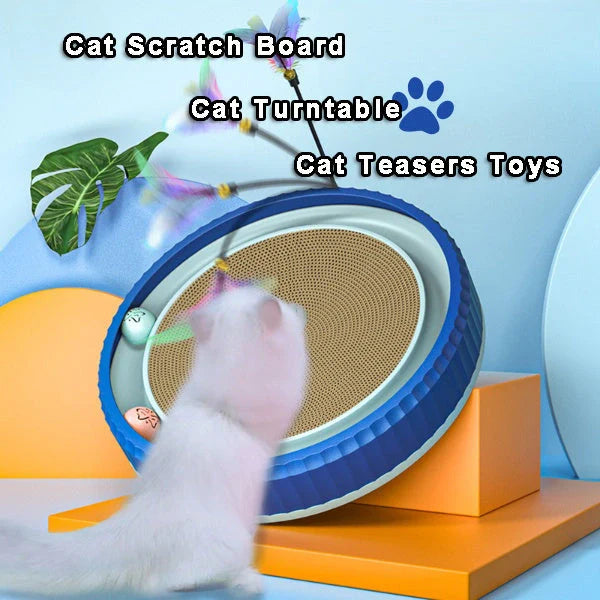 Round cat scratching board with removable pad and toy bell ball in navy blue