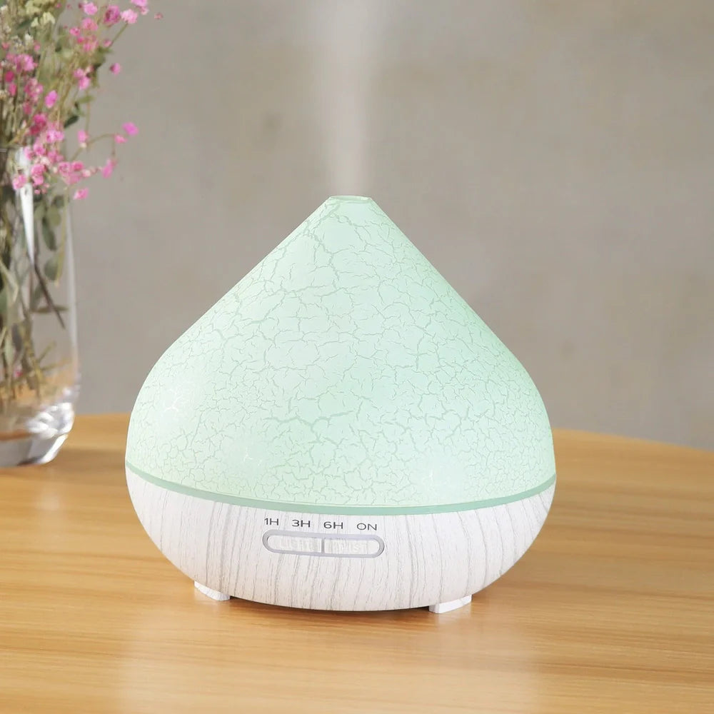 Crackle finish humidifier with wood grain pattern and single fog outlet