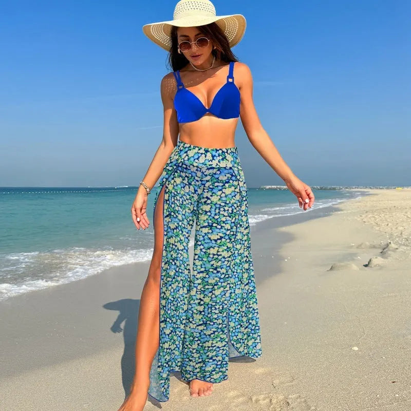 Women's three-piece bikini set in quick-dry polyester with animal print pattern