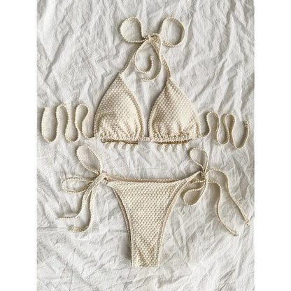 Women's halter lace-up bikini set with adjustable back ties in milky white colour