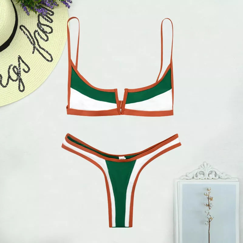 Green split swimsuit bikini with chest pad for swimming and wading