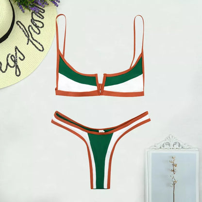 Green split swimsuit bikini with chest pad for swimming and wading