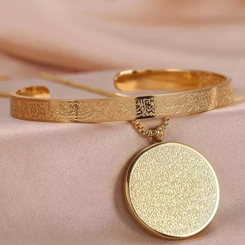 Stainless steel Arabic disc necklace and bracelet set with polished finish and personalized engraving