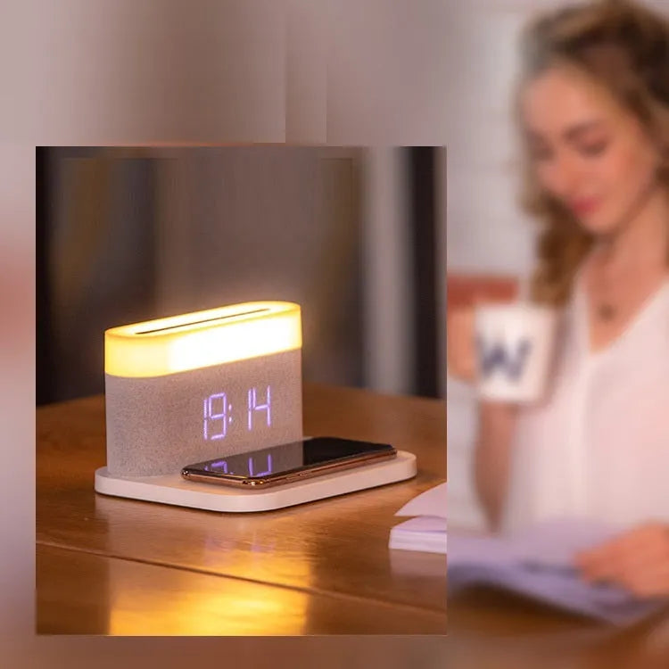 Table Lamp Bedroom Desktop Bedside Lamp with Clock and Wireless Phone Charger Four-in-one 12V Micro USB Lithium Battery CE ROHS White Black