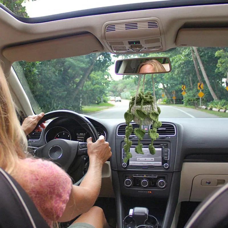 Green and white knitting wool car plant decoration with 8cm base and 25cm hanging rope
