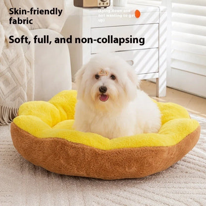 Round detachable washable pet bed with raised sides showing brown grey colour option