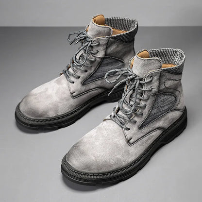 Men's vintage-style Martin boots with frosted microfiber leather upper and 1-3cm thick heel in black, sand, or grey