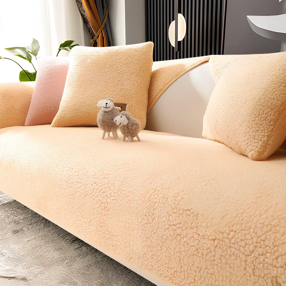 Non-slip lambswool sofa cushion in solid colour with silicone dot backing on flannel fabric