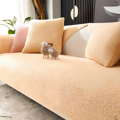 Non-slip lambswool sofa cushion in solid colour with silicone dot backing on flannel fabric
