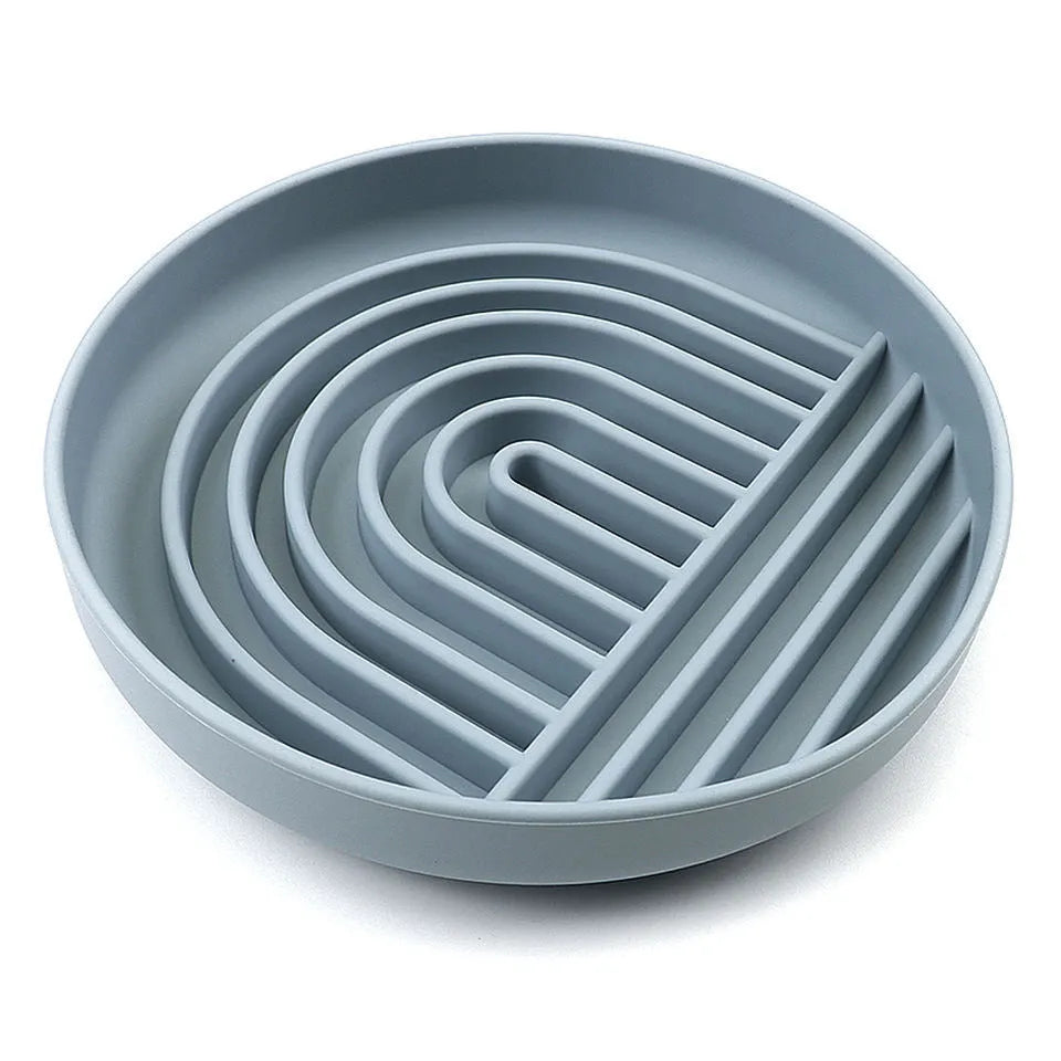Silicone slow feeder bowl for dogs with ridges, measuring 19 cm, in beige, charcoal ash, grey blue, mango yellow, mustard green, or red.