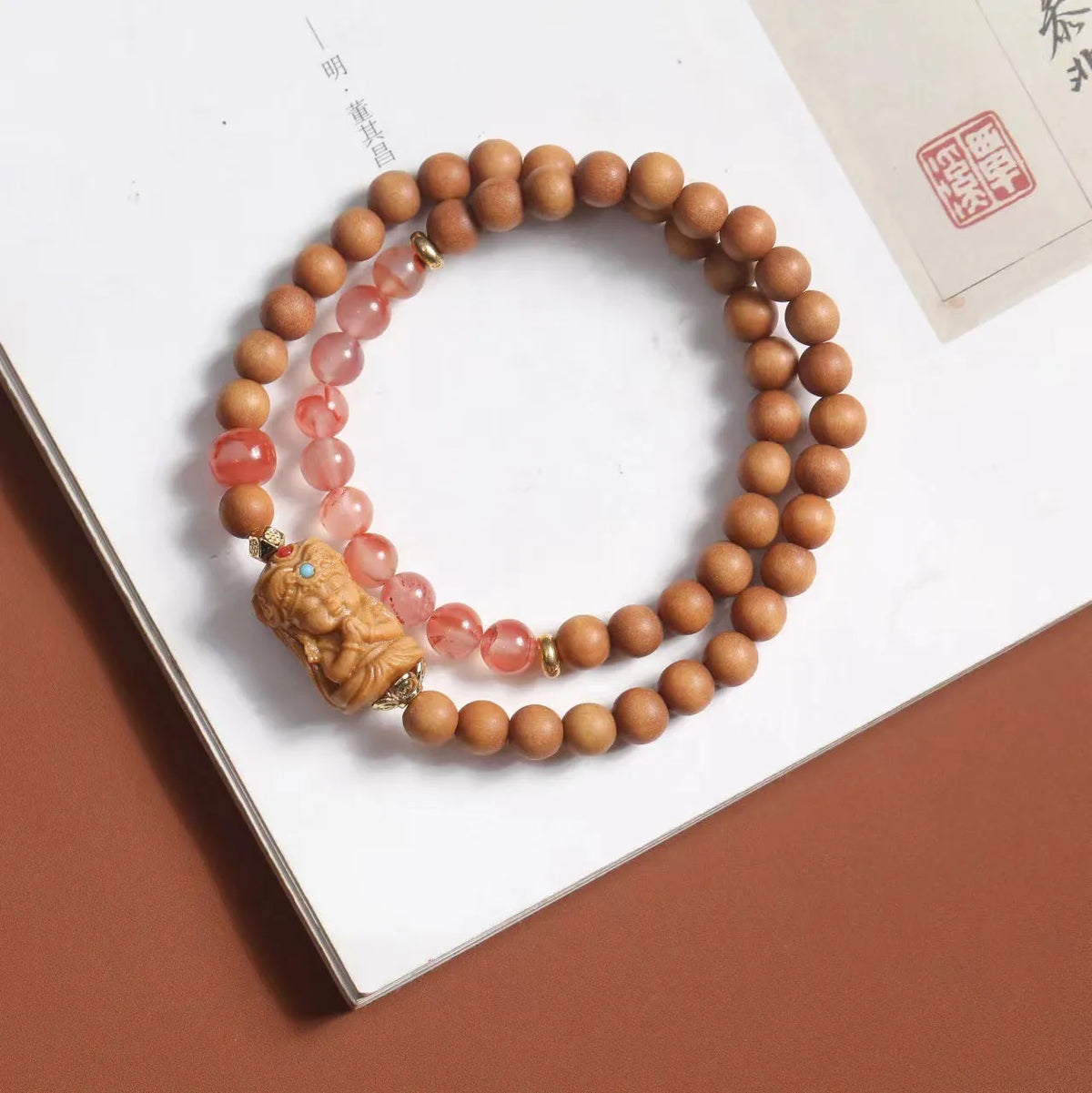 Sandalwood South Red Zachilam bracelet with South Red Double Circle, 6mm round wooden beads, brown unisex woven national style