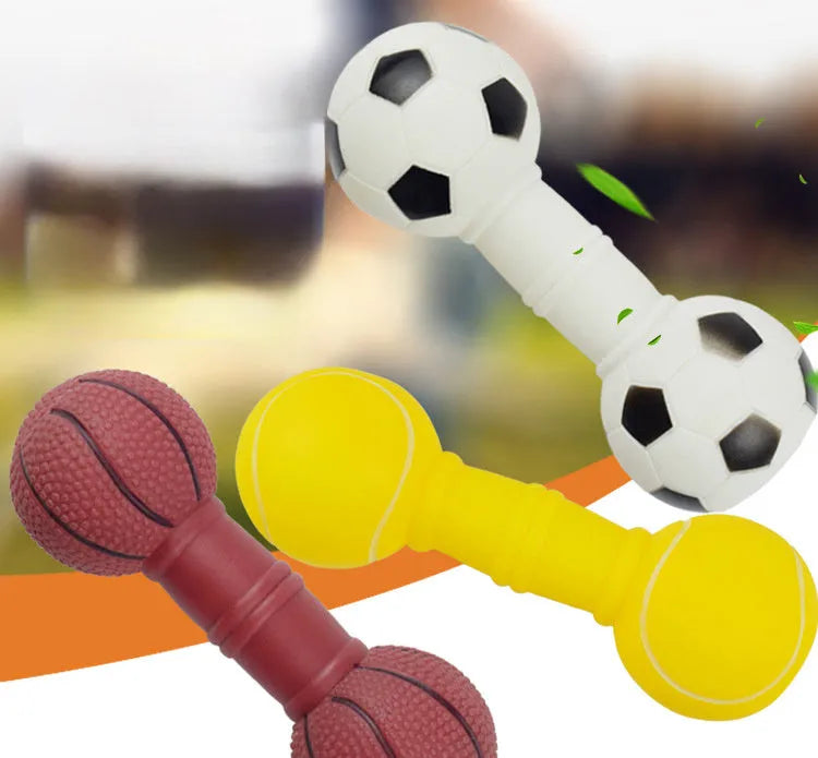 Brown, orange, white, and yellow PVC football dumbbell squeaky dog chew toy.