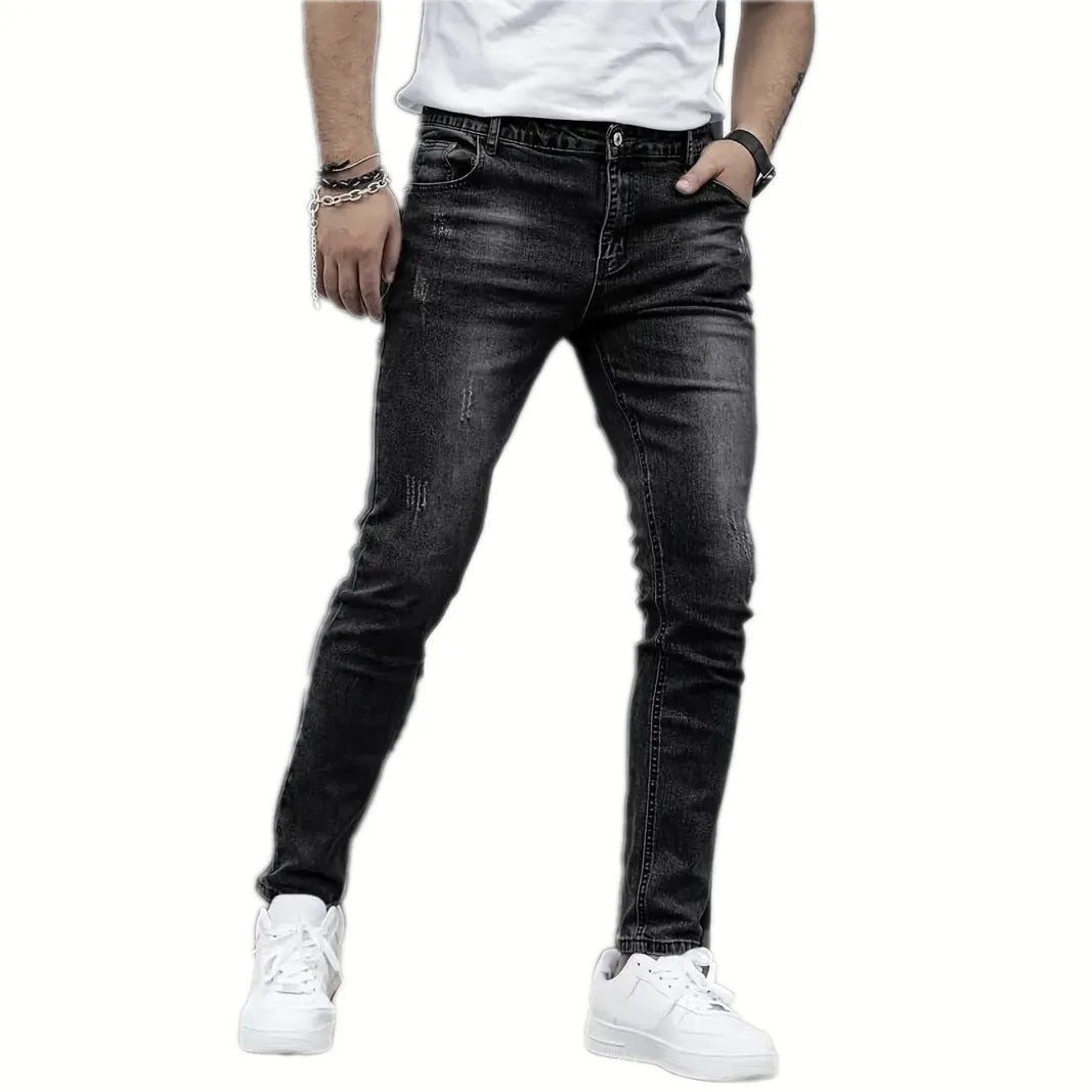 Men's black stretch jeans with straight leg skinny fit showing zipper fly and mid-rise waist