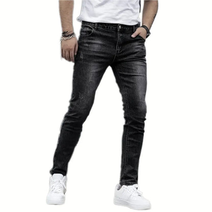 Men's black stretch jeans with straight leg skinny fit showing zipper fly and mid-rise waist