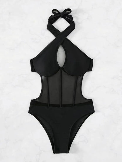 Women's one-piece swimsuit bikini in black, rose red, or green colour made from nylon-spandex fabric