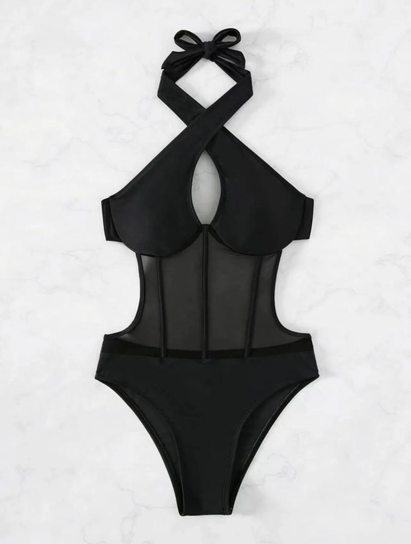 One-piece swimsuit bikini for women made from 80% nylon and 20% spandex fabric with spun yarn construction in black, rose red, or green colour available in sizes S, M, L, and XL for summer beachwear