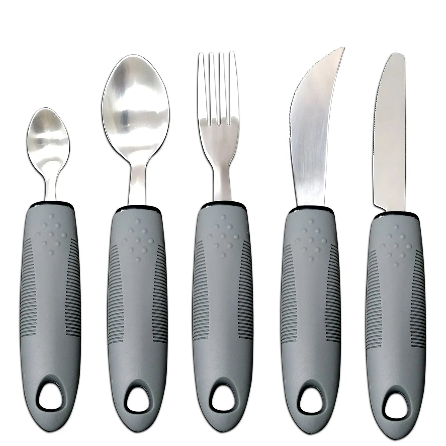 Stainless steel adaptive eating utensils with rubber handles and bendable components for elderly anti-shake support