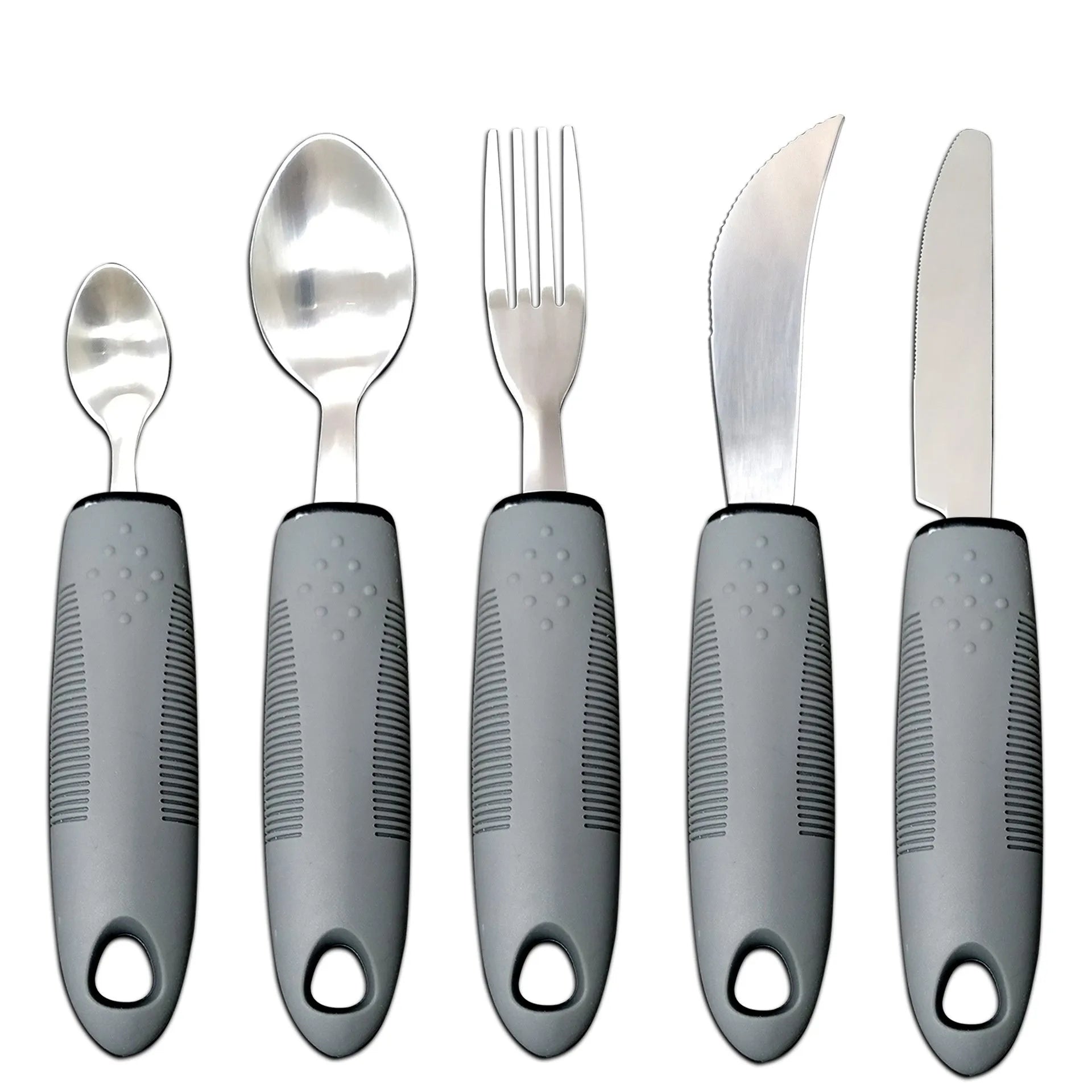 Stainless steel adaptive eating utensils with rubber handles and bendable components for elderly anti-shake support
