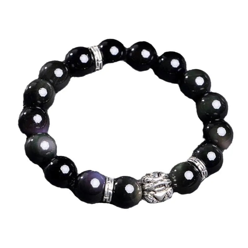 Silver 999 natural obsidian bracelet with cloud year design, shown in 10mm and 12mm unisex sizes.