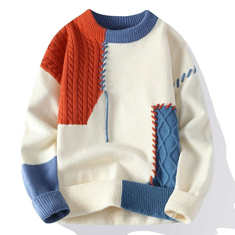 Men's colorblock pullover sweater in green, orange, and gray for winter fashion