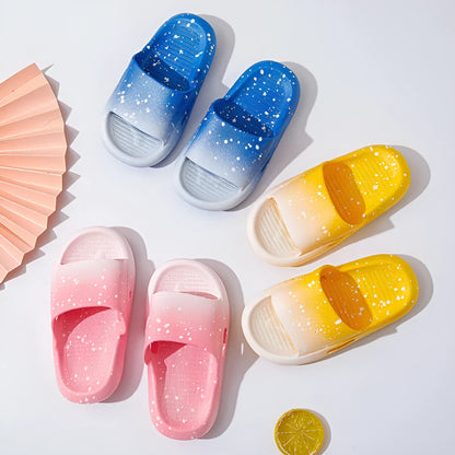 Gradient blue PVC slipper for children on a white background, showing non-slip sole.