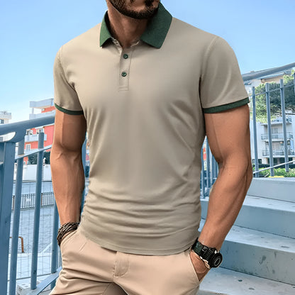 Summer polo shirt in ice silk fabric with printed flocking design on front, short sleeves