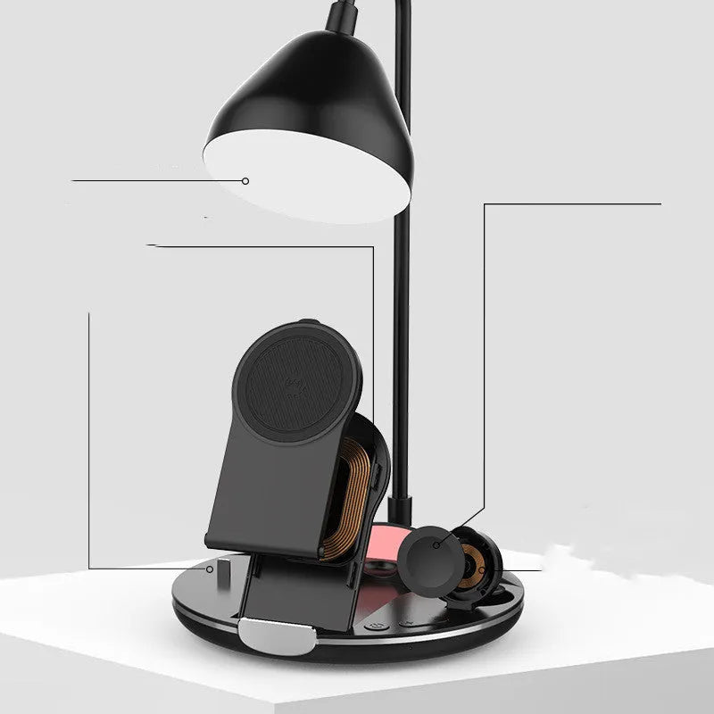 Black and white magnetic folding wireless charger with USB cable showing folded and extended positions