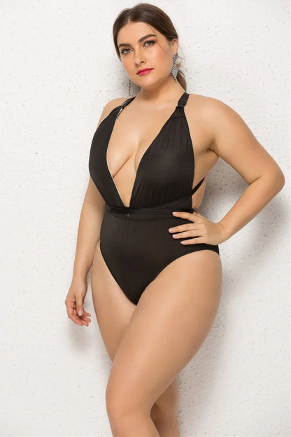 Black plus size one-piece swimsuit with backless high-elasticity design for swimming, sizes 2XL-5XL, 170g polyester-spandex blend