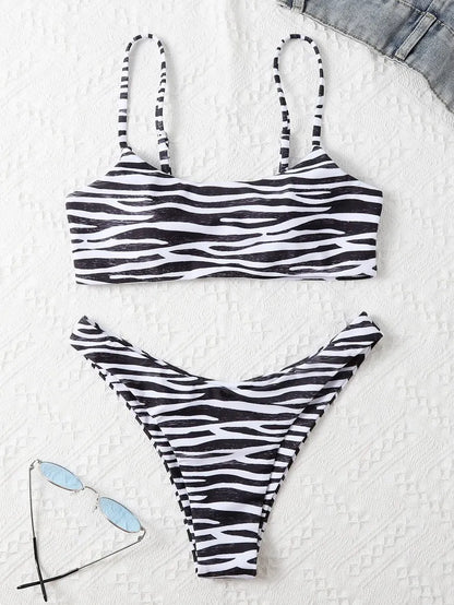 Ladies two piece bikini set with striped pattern in eight colours, sizes S to XL