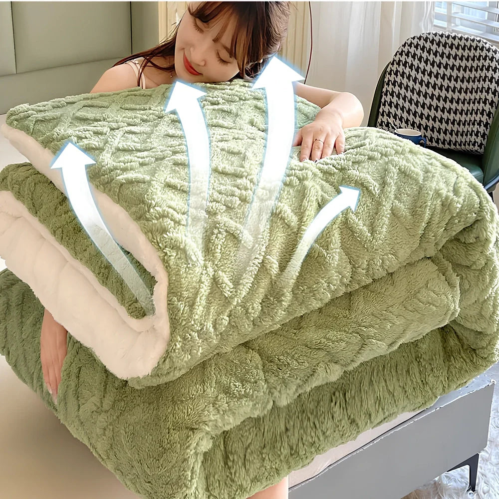 Double quilted plush quilt in sapphire blue showing detailed stitching and German velvet texture