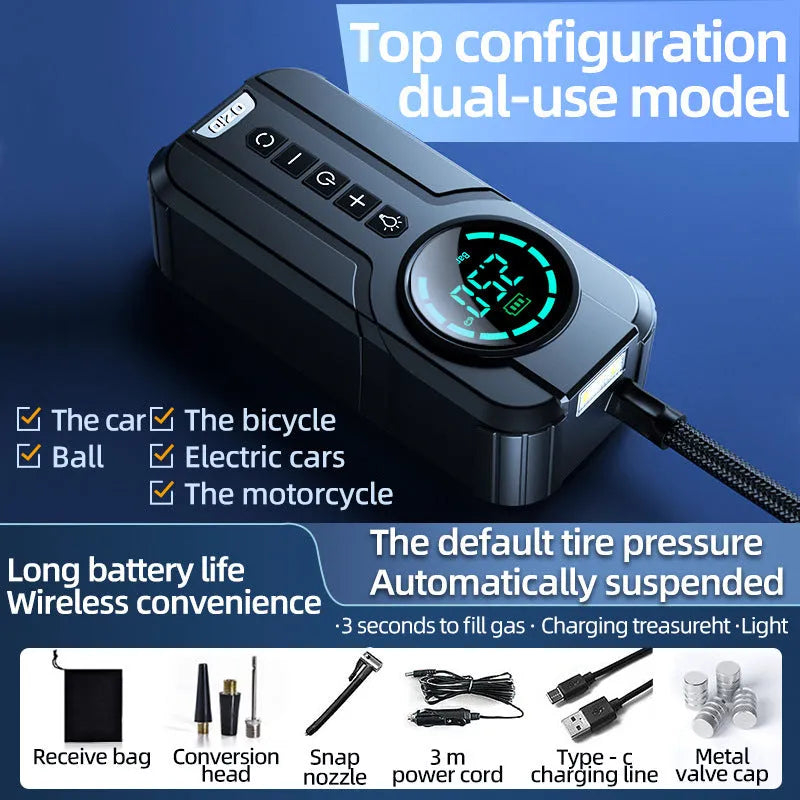 Wireless portable air pump with 6000mAh battery, 12V output, measuring 235mm by 175mm by 80mm, shown with nozzles and carry bag.