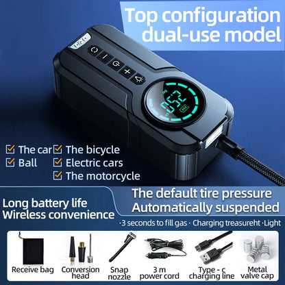 Wireless portable air pump with 6000mAh battery, 12V output, measuring 235mm by 175mm by 80mm, shown with nozzles and carry bag.